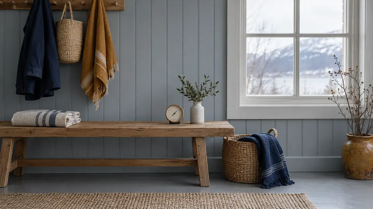 Et lyst rom med benk, håndkle og en liten analog måler.